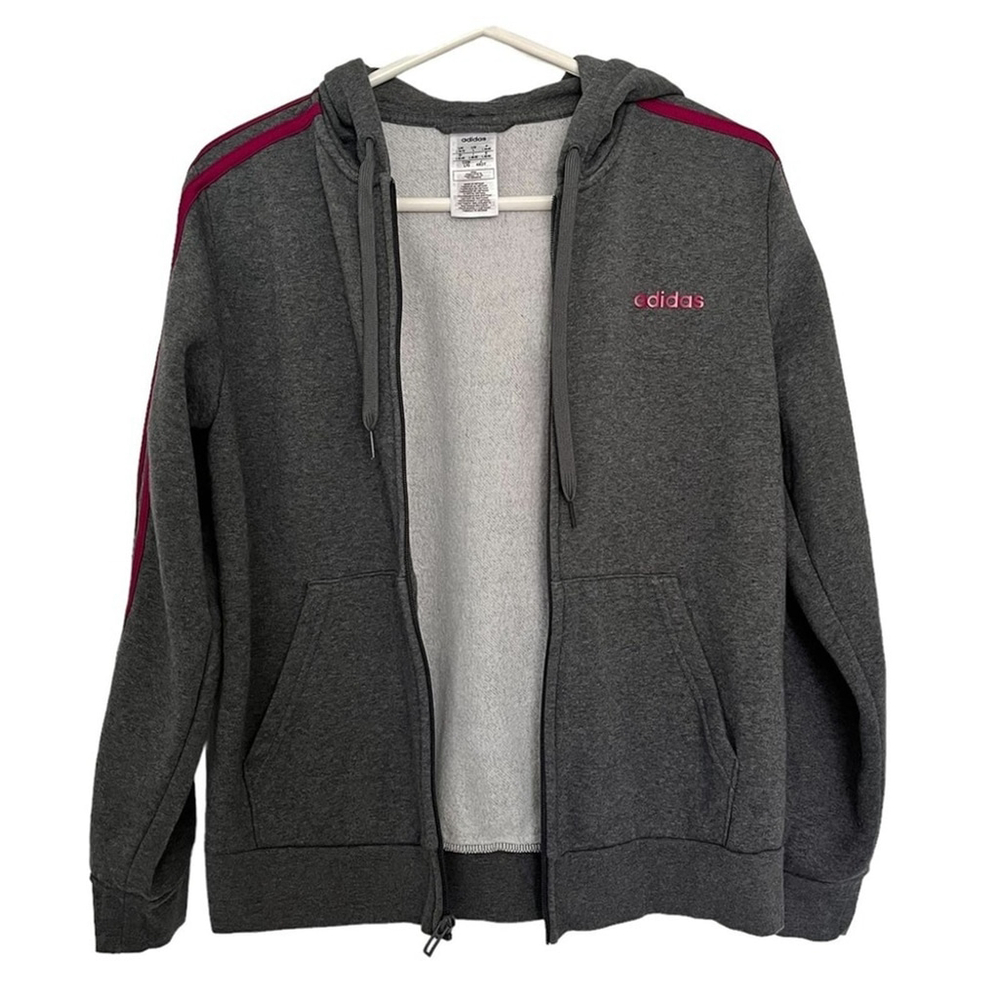 ADIDAS Women Essentials Fleece 3S Full Zip Hoodie Dark Grey Heather/Power Berry